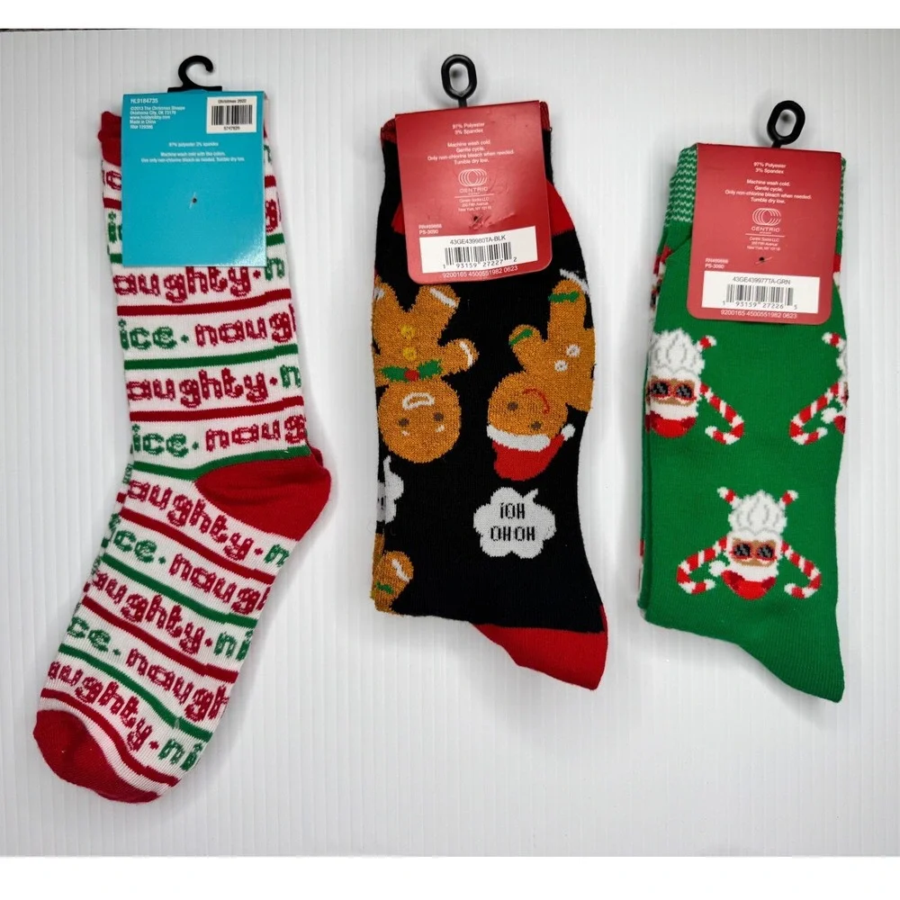 Christmas Socks 3 Pack Naughty Nice Gingerbread Santa Novelty Crew Socks Unisex